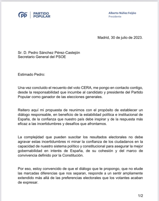 Carta Feijoo a Sanchez