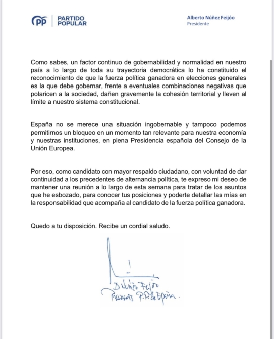 Carta Feijoo a Sanchez