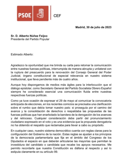 Carta de Sanchez a Feijoo