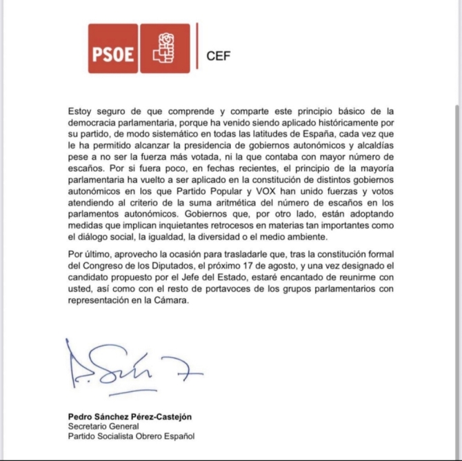 Carta de Sanchez a Feijoo